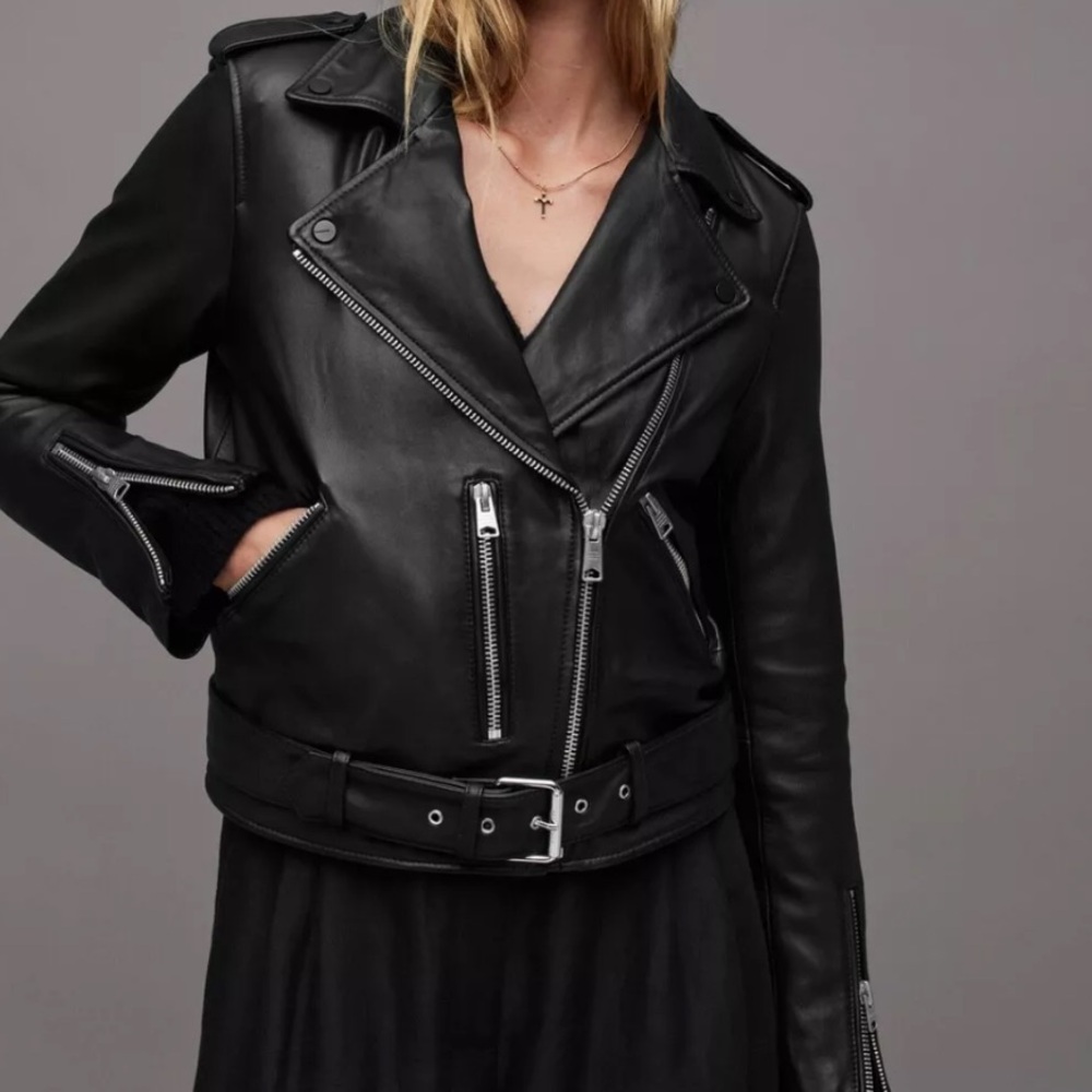 All Saints Black Balfern Belted Hem Leather Biker Jacket - Picture 2 of 10